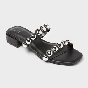 Black Slide Sandals with Silver Stud Details